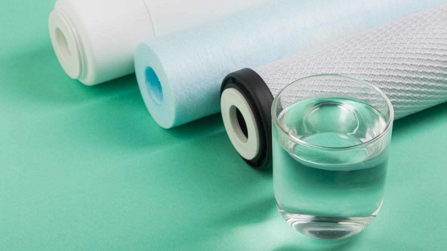 Cartucce filtranti, una a carbone attivo, accanto a un bicchiere d'acqua