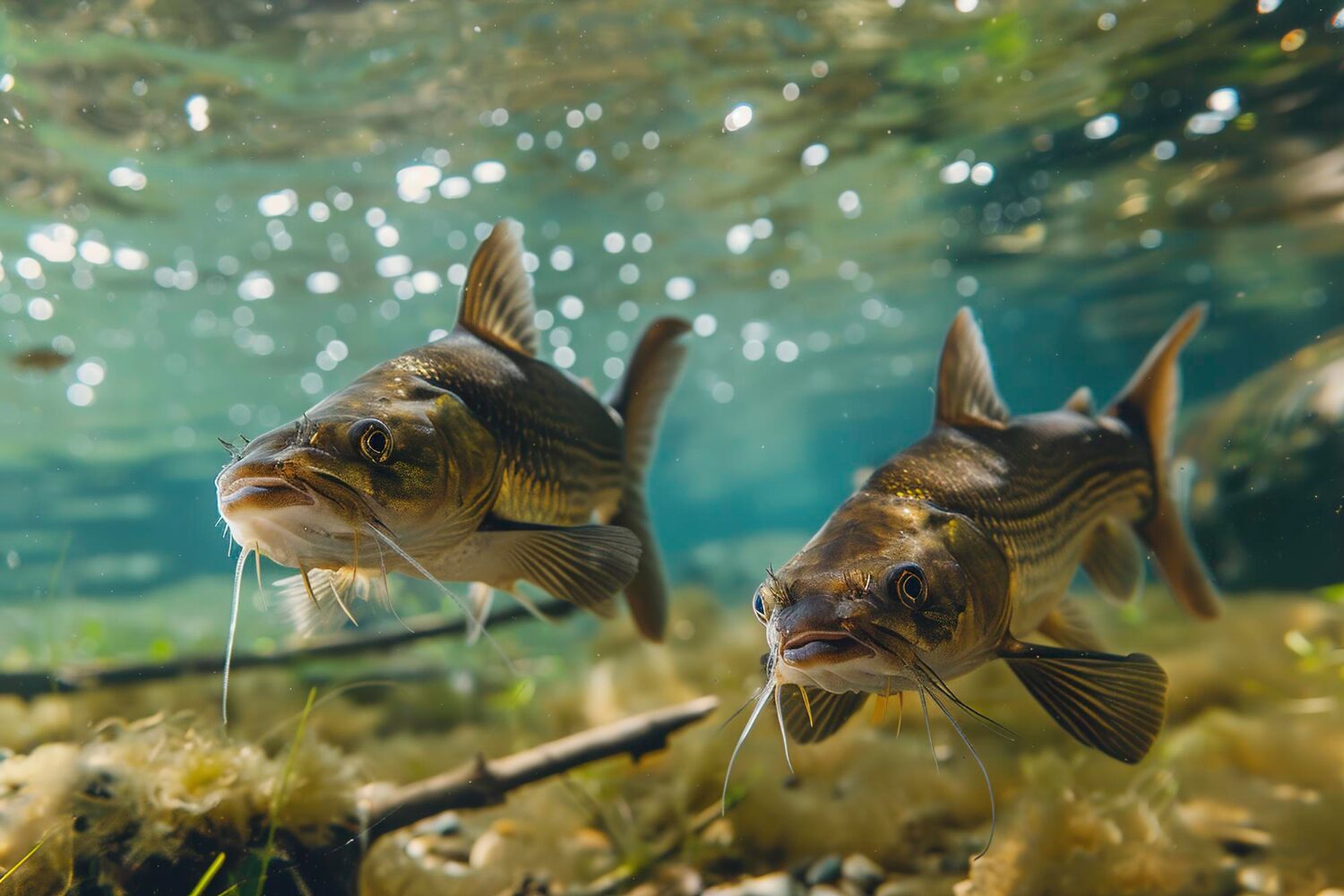 Pesci in acqua limpida sopra un fondale di sabbia e piante