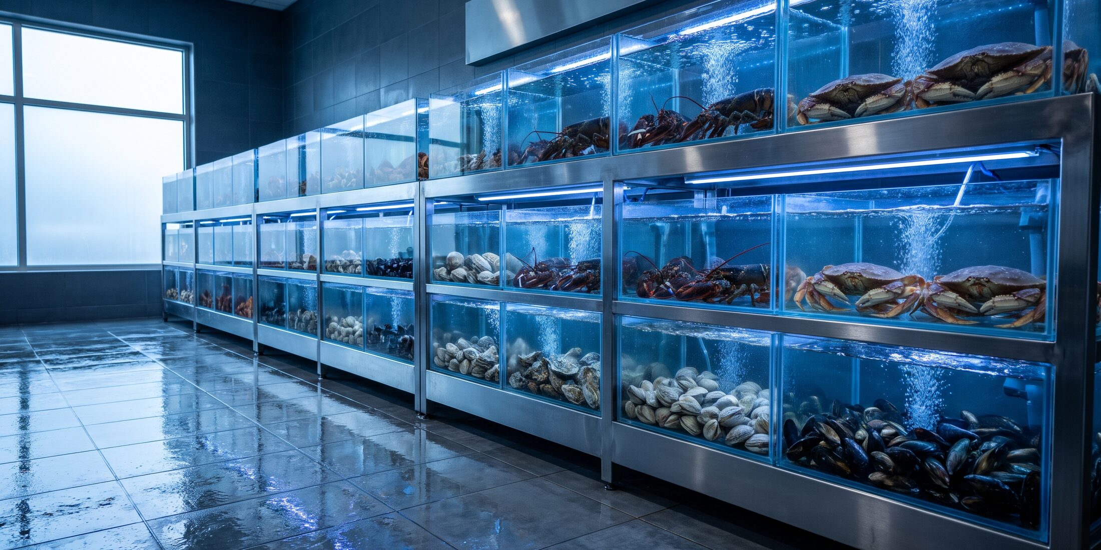 Vasche espositive in acrilico con astici, granchi e molluschi vivi in una pescheria