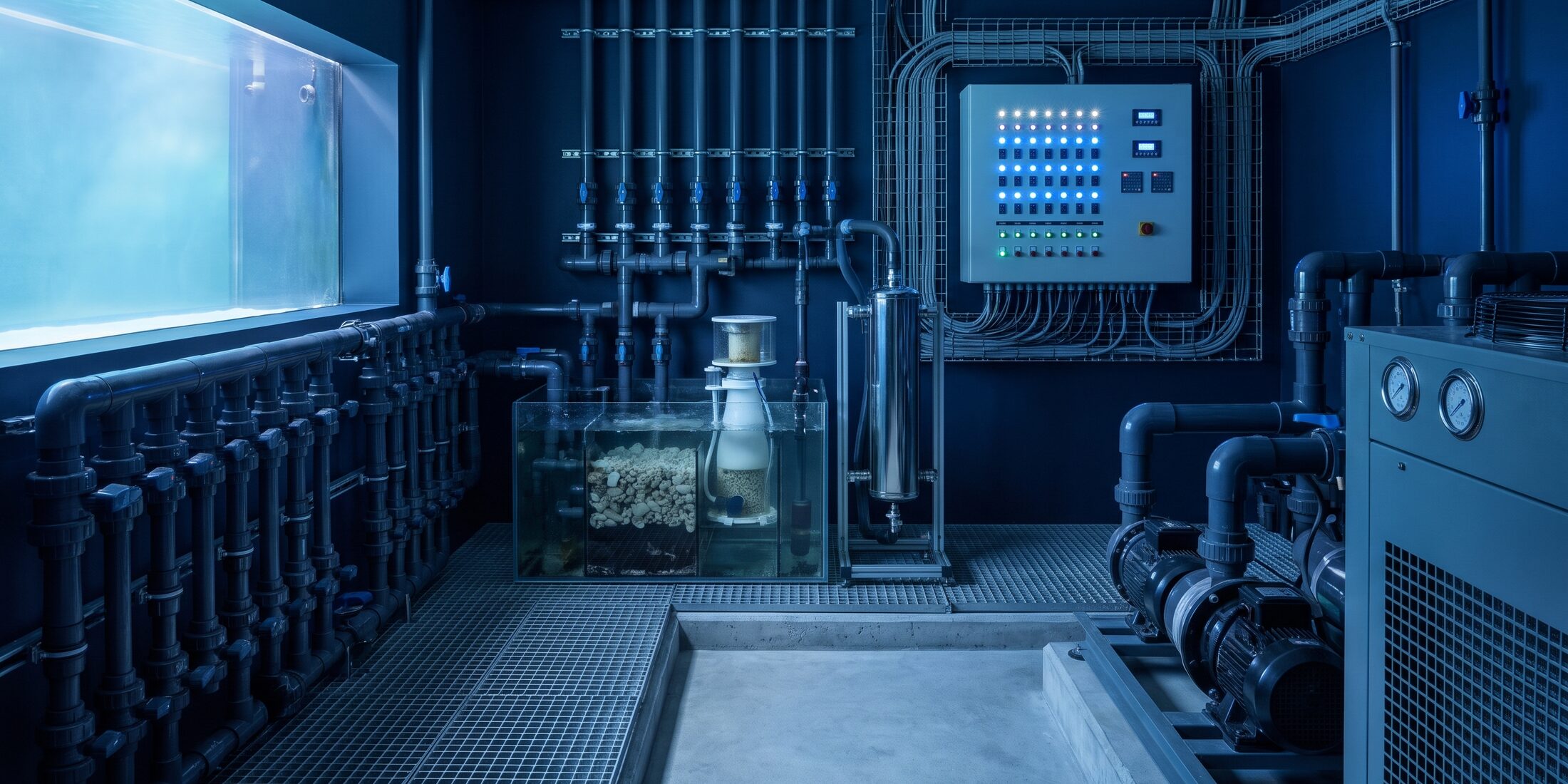 Locale tecnico di un acquario professionale con tubazioni, filtro, sterilizzatore UV, pompe e refrigeratore